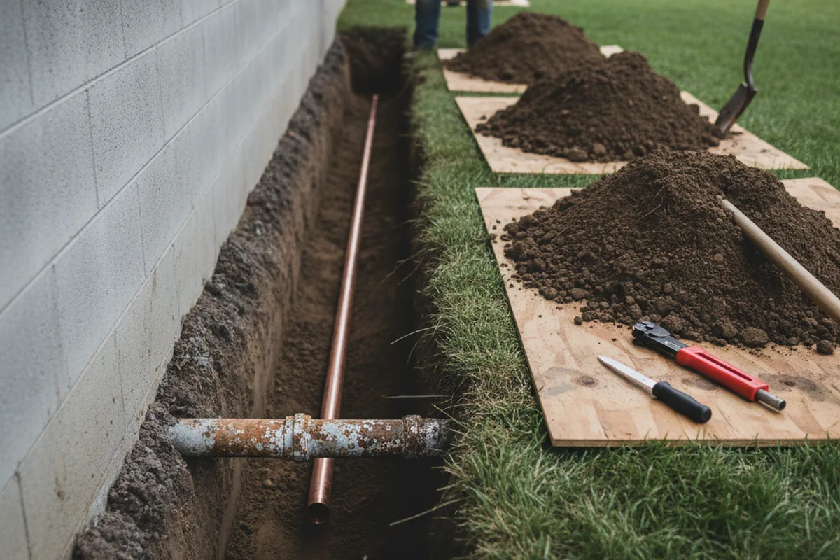 Excavated water line trench during Sewer Line Repair in Lexington